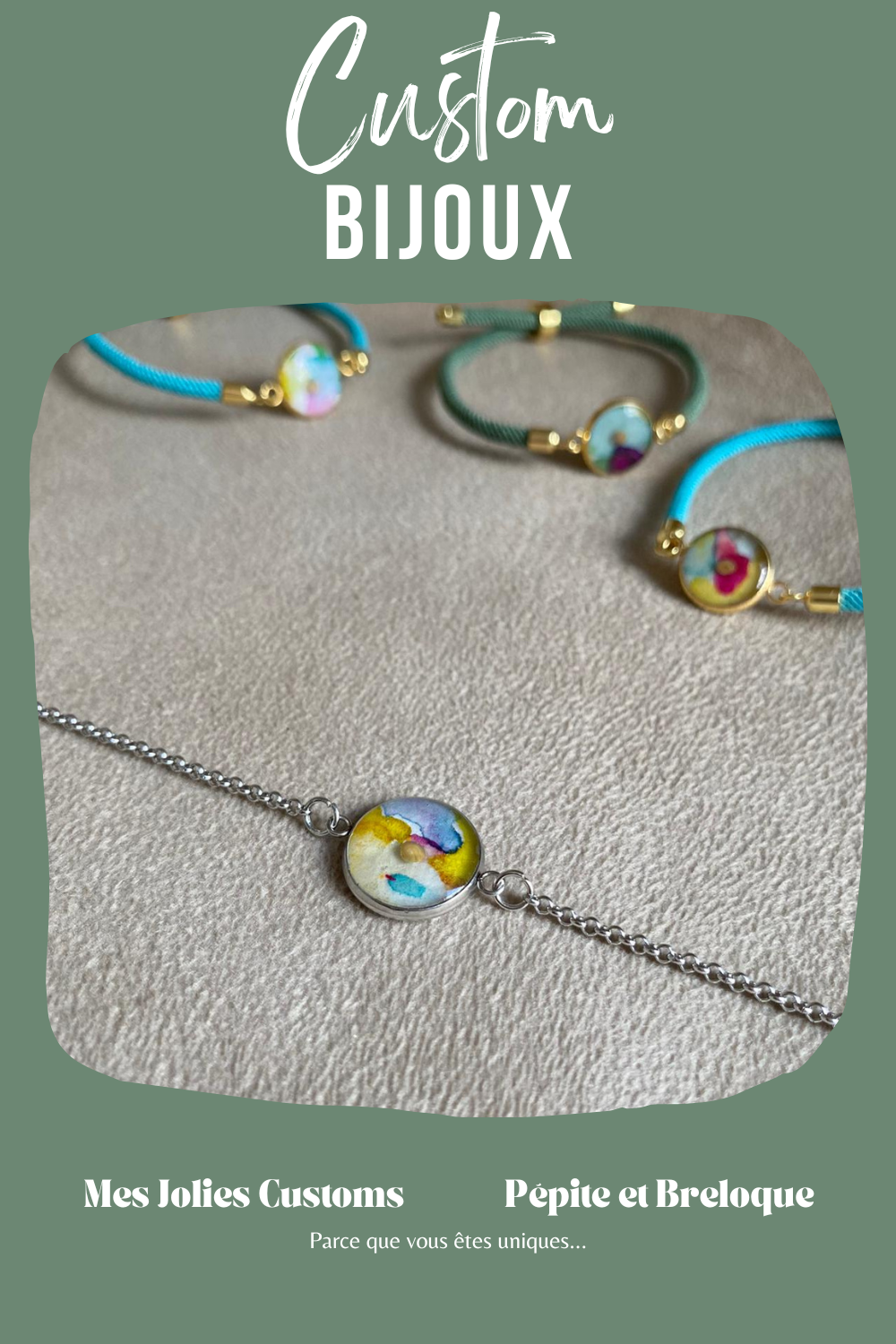 Bijoux personnalisés avec aquarelle et gravure – Collaboration Mes Jolies Customs et Pépite & Breloque.